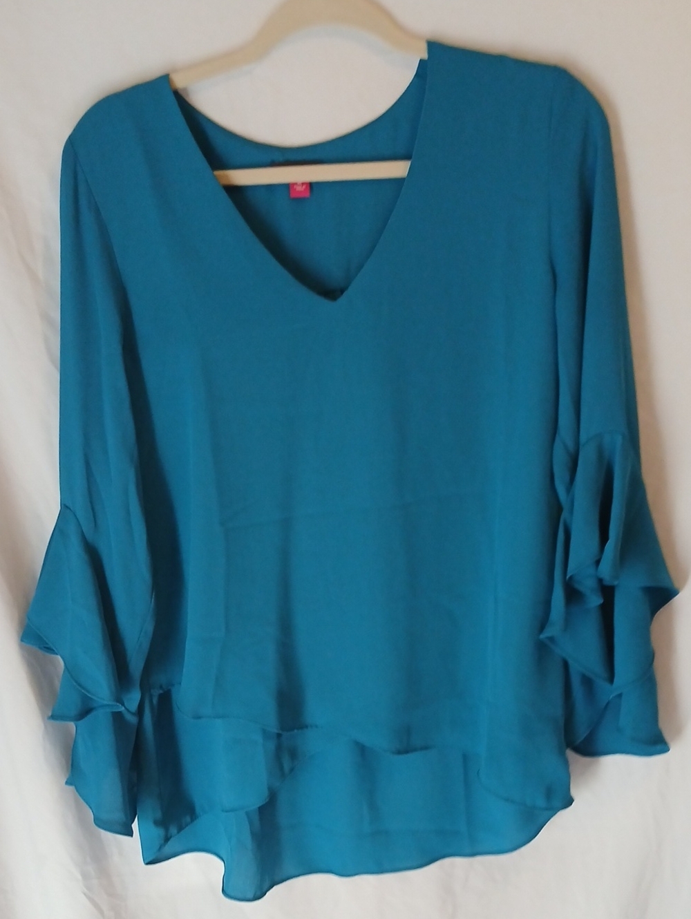 Teal V-Neck Ruffle Bell Sleeve Blouse